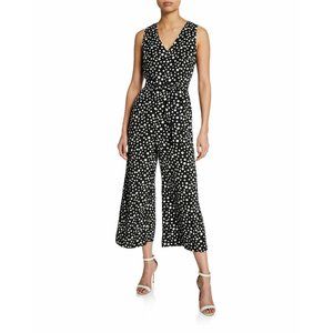 Karl Lagerfeld Polka Dot Wide Leg Cropped Jumpsuit Tie Waist Black White Size 6